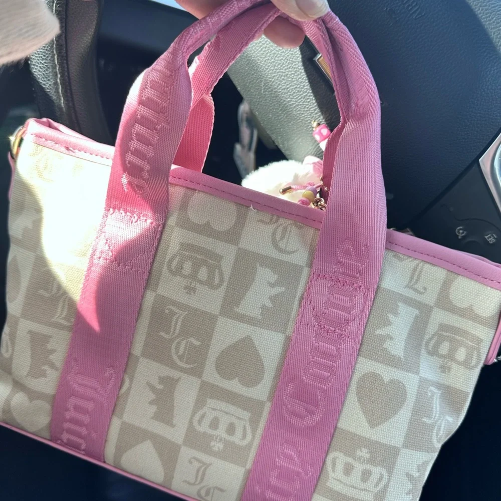 Juicy Couture Beige Pattern Pet Tote with Pink Trim and Plush Charm